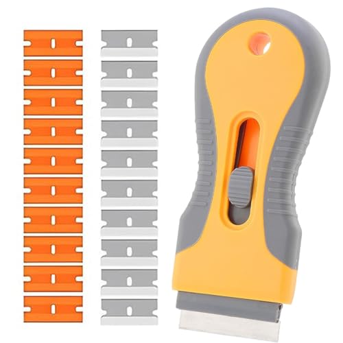 LEPZUR 1 Raschietto per Piano Cottura Vetro con 20 Lame - Testa Telescopica con 10 Lame Plastica e 10 Acciaio Carbonio - Per Pulizia Universale da Adesivi e Vernice