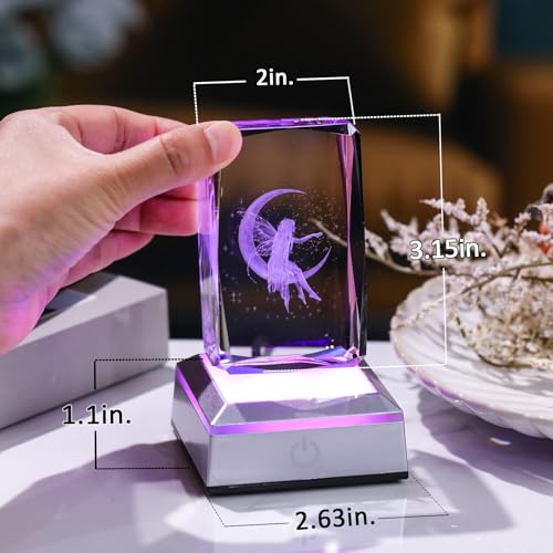 Image of 3D Crystal Cube Fairy Night Light Room Decor Paperweight Figurine Statue Gifts for Adults Girls - Engraved Glass Collectible Ornament Gifts for Fairy Lovers