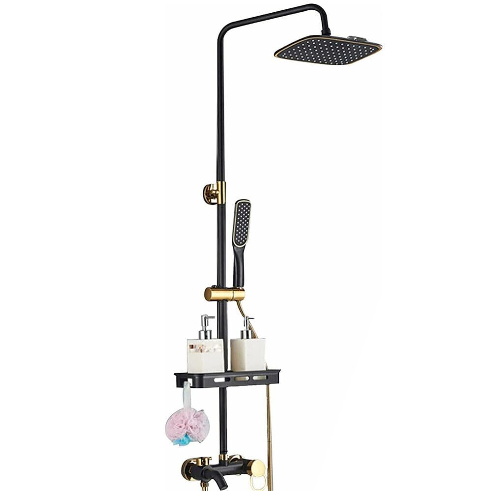 Sistemas de ducha, juegos de ducha, con estante pequeño, accesorios Rainshower, ducha de mano con disco (negro), ducha suave, características de ahorro de agua (negro + dorado)