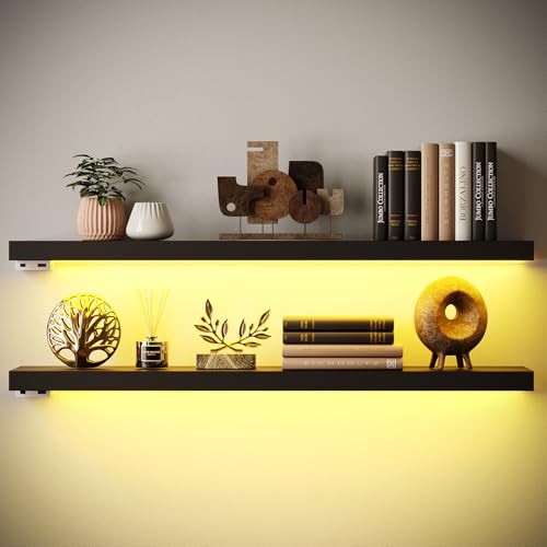 BAMEOS Floating Shelves with LED Light, Wall Mounted Wooden Shelves with Invisible Brackets, Set of...