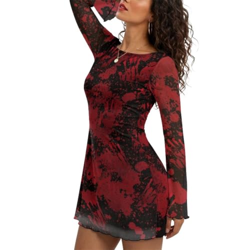 Irisjudy Blood Splatter Mesh Mini Dress for Women Halloween Outfits