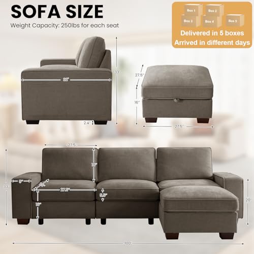 Image of TEKAMON 100 inch Modular Sectional Sofa with Seats Storage, L Shaped Couch with Movable Ottoman for Living Room, Couch with Chaise, Solid Wood Frame, Spring Cushions, USB Port, Removable Covers, Brown