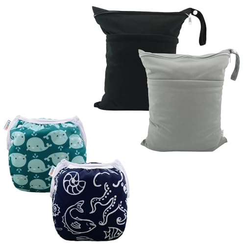 Image of ALVABABY 2pcs Swim Diapers with 2pcs Cloth Diaper Wet Dry Bags