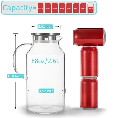 Image of Bivvclaz 2.6 Liter 88 oz Glass Pitcher with Lid and Handle, Glass Water Carafe for Hot /Cold Water, Iced Tea Pitcher, Large Pitcher for Coffee, Juice and Homemade Beverage