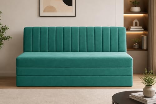 Image of 3-Seater Velvet Sofa Cum Bed | Convertible Sleeper Sofa | Modern Foldable Couch for Living Room, Bedroom & Office | Green