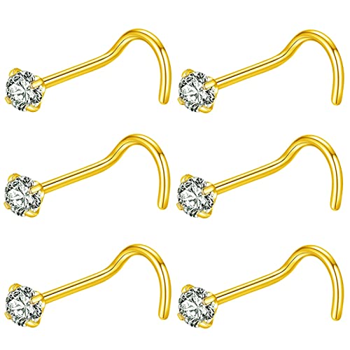 BLESSMYLOVE 6pcs 18g 3.0mm Clear CZ 316L Surgical Steel Gold Nose Rings Screw Nose Nostrial Piercing Body Jewerly Screw Nose Studs for Women 18 gauge 3.0mm Cubic Zirconia Stainless Steel Nose Rings