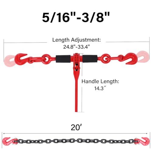 Image of Chain and Binders Kit 5 /16 inch - 3 /8 inch, 2 Pack G80 Ratchet Load Binder 5 /16 inch to 3 /8 inch, G80 Transport Chain x 20 Feet with G80 Hook, 5,400 lbs WLL Ratchet Binder and Chain for Towing, Hauling