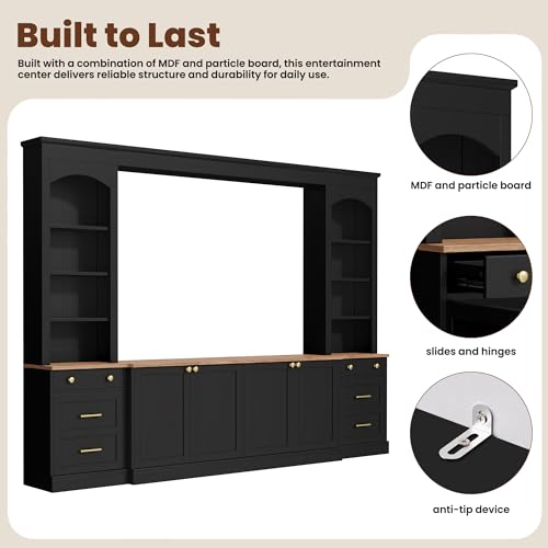 Image of 106.3 inchL Large Entertainment Center with Bookshelves and Drawers for TVs Up to 70'', Wall Unit Entertainment Center with Adjustable Shelves and Cabinet, Minimalist TV Stands for Living Room Black