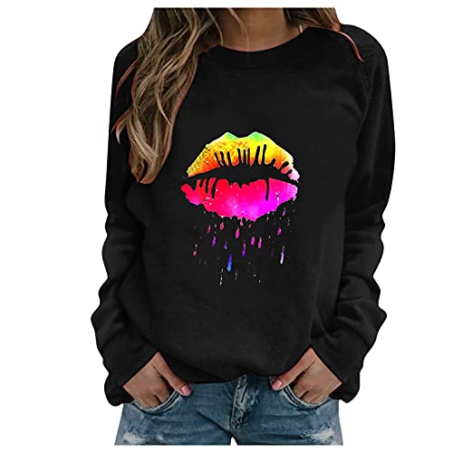 Glamour Rouge à Lèvres Marque Impression Sweat Solide Couleur Blouse Pull Gommages pour Femmes Hauts Cover