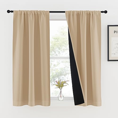 NICETOWN Biscotti Beige Kitchen 100% Blackout Curtains 48 inches Long, Rod Pocket Basement Completely Blackout Thermal Insulated Lined Drapes for Smal