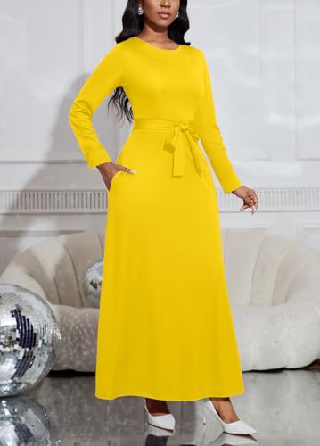 Image of BubFee Long Dress for Women Casual Long Sleeve Dresses Maxi Dress Empire Waist Loose with Belt