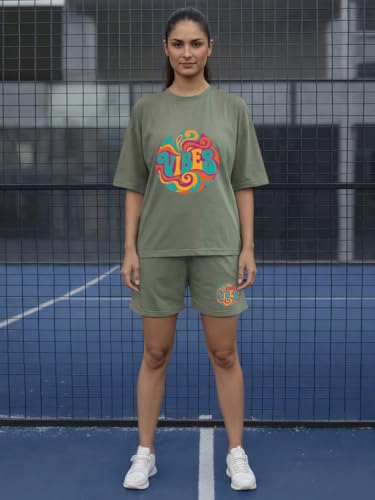 Image of CHKOKKO Cord Set for Women Cotton Blend Co-ord Set Stylish Graphic Printed Oversized T-Shirt Top Half Sleeves and Shorts Set Summer Coord Sets Casual Lounge Wear
