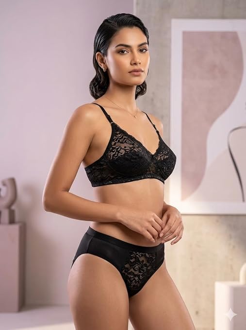Image of Soft Lace Non Padded Bra Panty Set for Women || Non Padded Lingerie Set for Female,Ladies