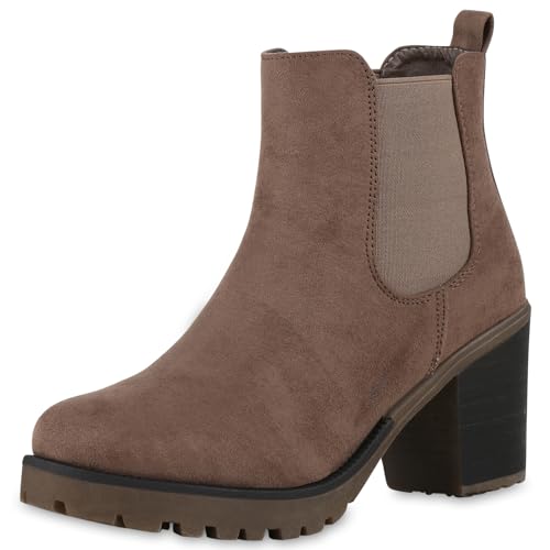 VAN HILL Damen Schnürstiefeletten Leicht Gefütterte Plateau Stiefeletten Zierperlen Schuhe Schnallen Boots Nieten Schnürboots 611527 Schlamm 38
