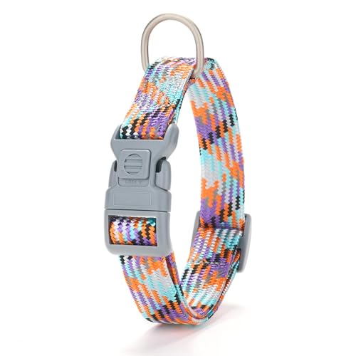 YUDOTE Dog Collars Medium Reflective Braid Flat Rope Collar with Safety Buckle Adjustable Soft Cord Coller for Active Canines Daily Use,Dynamic Stripe