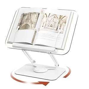 BYMECOST Acrylic Book Stand for Reading, Adjustable Book Holder with 360° Rotating Base & Elastic Page Clips, Foldable Desktop Riser Stand for Cookbook,Laptop,Tablet,Music Scores,Recipe,Textbook