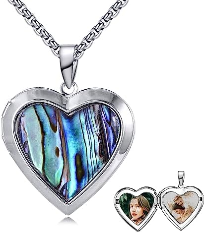 Gorache Love Heart Locket Necklace Abalone Shell Pendant Personalized Custom Locket Necklace Holds Two Pictures Vanlentine's Day Gifts for Women