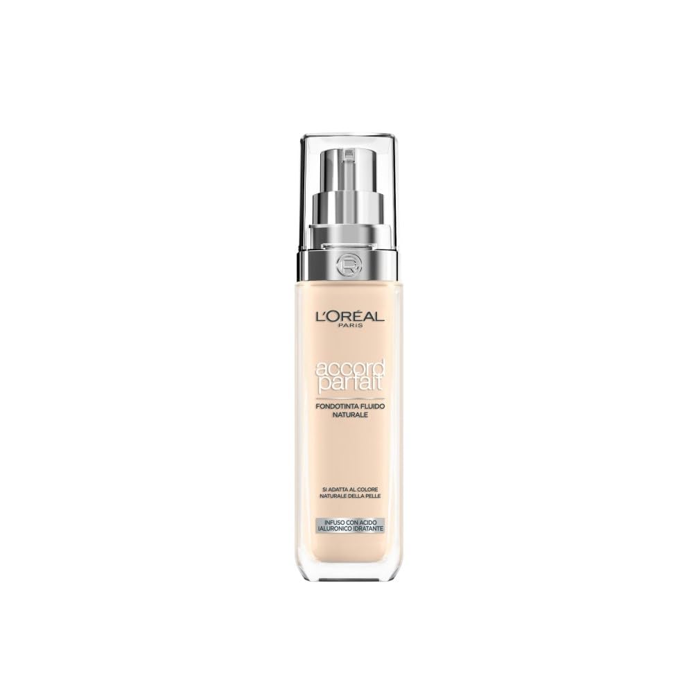 L'Oréal Paris Fondotinta Liquido, Incarnato Uniforme e Illuminato, Finish Naturale, Per Tutti i Tipi di Pelle, Formula con Acido Ialuronico, Accord Parfait, Tonalità: 1N Ivory, 30 ml