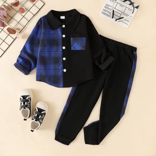 Image of Boy Clothes Fall Winter Outfits Long Sleeve Plaid Patchwork Button Down Shirt + Casual Pocket Sweatpants 5-14 Years