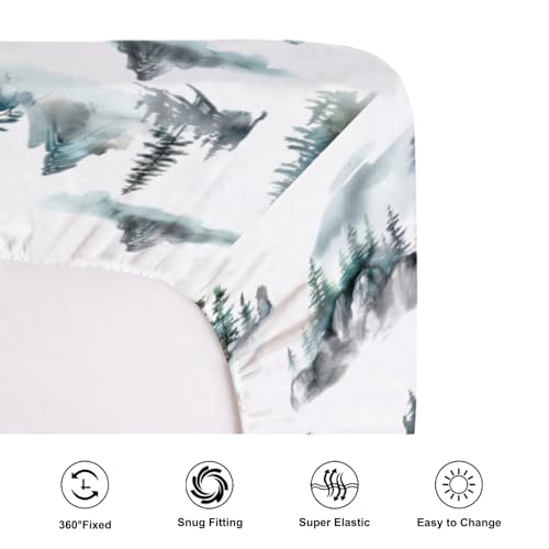 Image of Watercolor Misty Forest Painting Fitted Baby Crib Sheets for Girl Boy 52 inchx28 inch Mountain Foggy Crib Mattress Cover Soft Breathable Baby Bed Sheet for Standard Crib and Toddler Mattress
