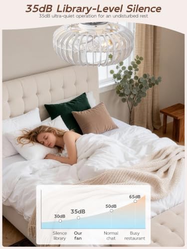 Image of Wood Caged Farmhouse Ceiling Fans with Lights for Bedroom, White, 20 inch | Flush Mount,Rustic, Remote Control, Wooden Low Profile for Living Room, Nursery