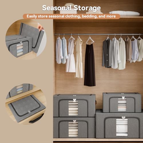 NiuBeBe Aufbewahrungsbox kleidung Faltbar Metallrahmen: Stapelbare Aufbewahrungstasche mit Deckel für Kleiderschrank Organizer Storage Pullover Saisonkleidung Bettwäsche (Grau 3x66L)