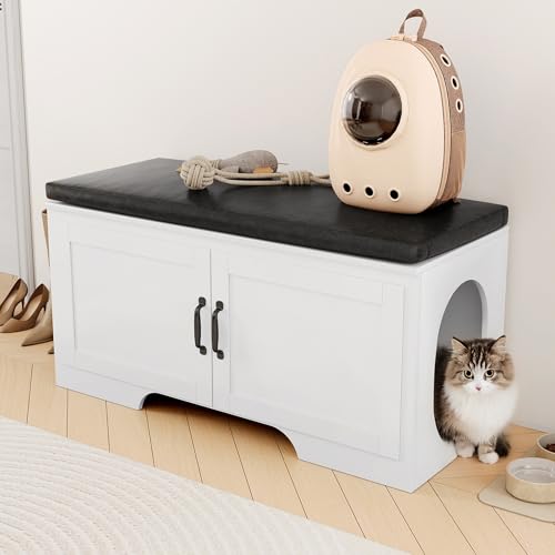 Famovoneer Cat Litter Box Enclosure, Litter Box Furniture Hidden with Removable Divider, Indoor Cat House with PU Leather Seat and Storage Bench