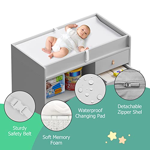 Timechee Baby Changing Table Dresser, Modern Nursery Dresser With Drawers, Storage Shelves, Waterproof Diaper Changing Pad, Safety Belt And Hidden Trash Storage For Nursery Room (Gray) #TOP6
