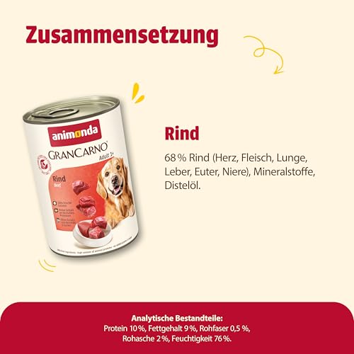 animonda GranCarno Hunde Nassfutter mit Rind pur (6 x 400 g), getreidefreies Hundenassfutter ohne Zucker, für ausgewachsene Hunde, mit frischen fleischigen Zutaten