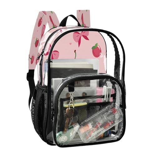 Clear Backpack for School Pink Bows Cherries Pattern Transparent Bookbag for Girls See Through PVC Boy Backpacks2