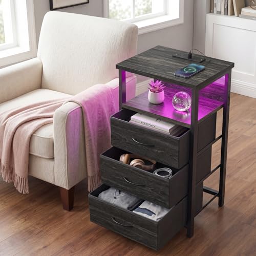 Image of Fixwal Night Stand with Charging Station, LED Nightstand with Fabric Drawers, End Table with PU Finish, Bed Side Table, Black Oak