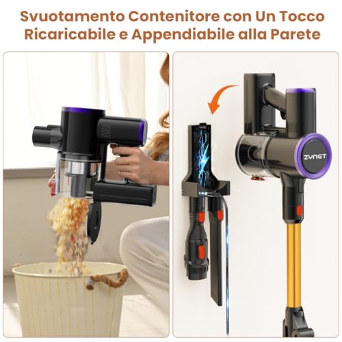 Zynet S9 Aspirapolvere Senza Fili, Scopa Elettrica Senza Fili 45000Pa/500W/45Min Con Tubo Pieghevole E Supporto A Parete, Motore Brushless, Per Peli Di Animali Domestici, Tappeti E Pavimenti Duri - 8