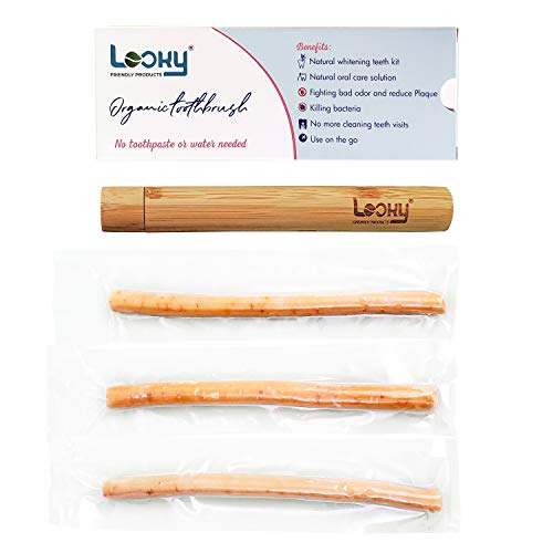 LOOKY Natural Teeth Whitening and Toothbrush kit  3 Pack  Toothpaste Alternative, Peelu Miswak Chewing Sticks for Strong Gums and Fresher Breath  Vacuum Sealed Twig Brushes with Bamboo Holder