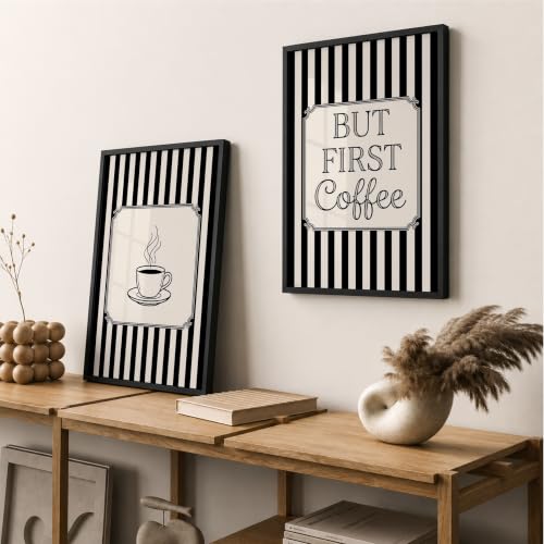 Image of Suneree But First Coffee Wall Art Set of 2 Framed Paintings | Black White Striped Coffee Poster Kitchen Cafe Decor | Home Office Wall Decor (Art 20, 10x13 Inches, Black)