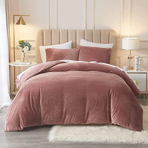 Freyamy Winter Plüsch Bettwäsche 135x200cm Altrosa Fleece Flanell Flauschige Bettwäsche Warme Cashmere Touch BettBettbezug mit Reißverschluss und 1 KissenBettbezug 80x80 cm Cover
