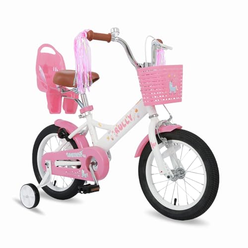 Image of RULLY Kids Bike 12 14 16 inch for 2-7 Years Girls with Training Wheels & Front Handbrake, Kids Bicycle with Basket Bike Streamers Toddler Cycle Bikes