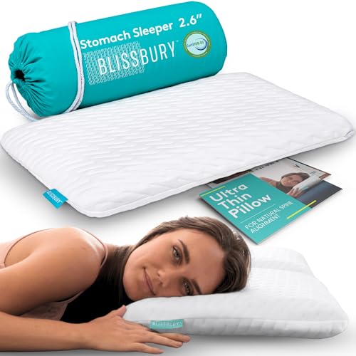BLISSBURY Stomach Sleeping Pillow – Ultra Thin 2.6' Memory Foam for Neck and Cervical Support | Flat Pillow for Belly Sleeper | Low Loft Design for Comfort and Better Sleep