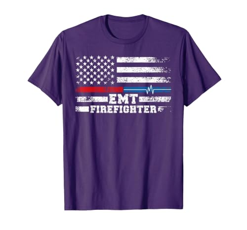 EMT Firefighter American Flag Proud Firefighter EMT T-Shirt, Men, Purple, Small