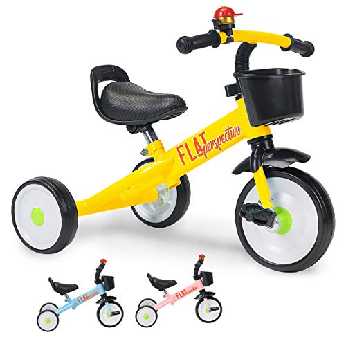 Flat Perspective Kids Trike 3 Wheels - for Children, Baby Tricycle for 2-5 Years Old, 15.5 Inches for Toddler Boys Girls, Yellow Kindercraft Trike with Storage Basket