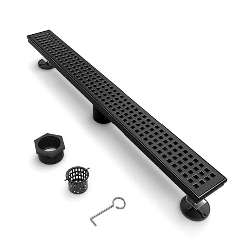 Image of BARONAGE Linear Shower Drain 32 Inch Rectangular Floor Drain with Removable Square Hole Cover and Hair Catcher, Long Shower Drains 304 Stainless Steel CUPC Certified (Matte Black)