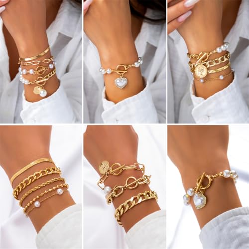 4Pcs Gold Tennis Link Bracelets Set for Women,14K Gold Plated Pearl Bracelets for Women,Dainty Layered CZ Paperclip Snake Cuban Link Chain Bracelets for Women2