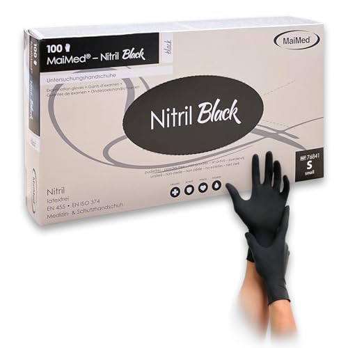 Saxomed Guantes de nitrilo negros S – 100 unidades – Guantes desechables sin talco, resistentes a desgarros y sin látex, ideales para tatuajes, cocina, limpieza