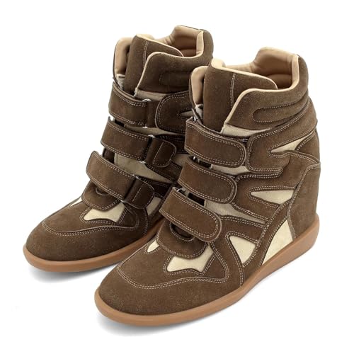 Image of Dsevht Hidden Wedge Sneakers for Women High Top Fashion Sneaker Suede High Heel Platform Tennis Triple Strappy Band Casual Vintage Dressy Comfy Campus Trendy Retro Sneaker
