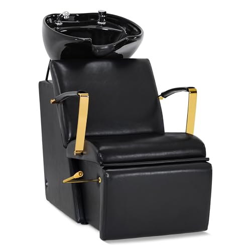 BarberPub Chaise de Coiffeur avec Lavabo, Repose-pieds Pliant, Lavabo de Coiffeur en Céramique Réglable, Fauteuil de Coiffeur pour Salon SPA, Poste de Lavage de Coiffeur 8670(Noir-Or/Cuir Synthétique)