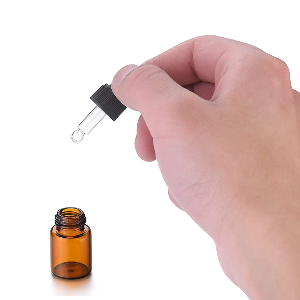 Pack of 100, Mini 2ml Amber Glass Dropper Bottles with Pipettes for Essential Oil Aromatherapy Blends Perfume Fragrance Cosmetic Vials Travel Brown Sample Bottles