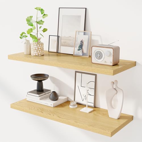 Image of Dreamland 36 inch Floating Shelves for Wall, 12 inch Deep Slim Oak Floating Shelves, Wall-Mounted Shelves for Bedroom, Living Room, Kitchen, Bathroom - Set of 2
