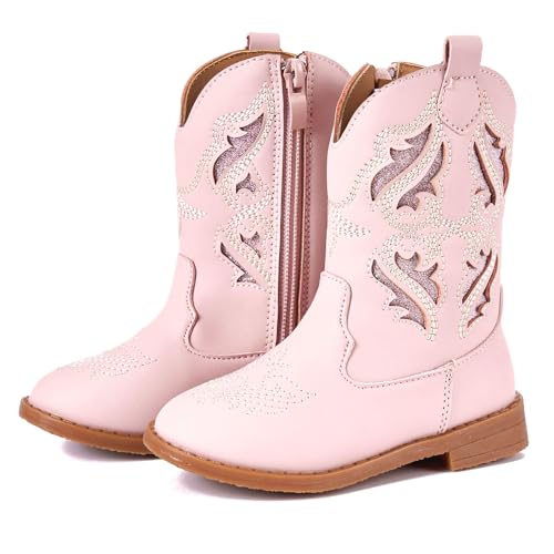 Newsonet Toddler Girls Cowboy Cowgirl Boots Round Toe Western Boots Mid Calf Side Zipper Riding Shoes for All Seasons Spring Summer Winter Fall