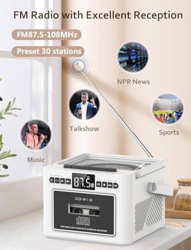 Boombox CD Player,CD Cassette Player Combo with Bluetooth,5w HiFi Speakers,Built-in 5000 Rechargeable Battery,FM Radio,Tape Recording,Remote Control,USB/AUX/Micro SD/3.5mm Headphone for Home