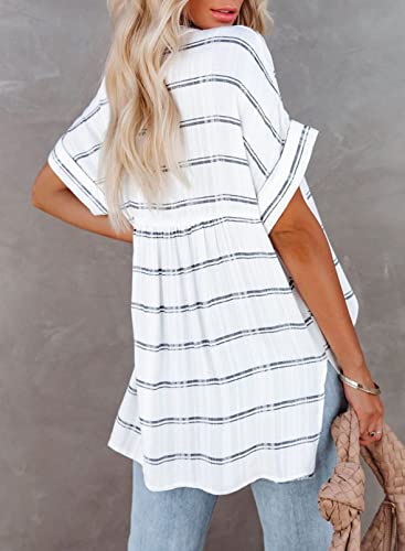 Alvaq Women Blouses Summer Short Sleeve V Neck Loose Casual Stripe Tunic Shirts Tops Large #TOP3