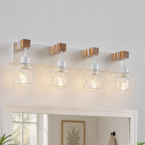 Image of Farmhouse Vanity Light Fixture,4-Light Bathroom Lighting,White Modern Wood Wall Light Over Mirror with Metal Shade,LED Bulbs Not Included